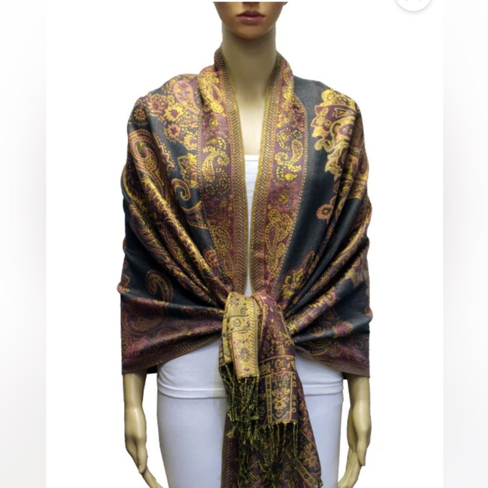 603. Soft Pashmina Violet/Grey/Metallic Gold Fringe Shawl Wrap NEW Item NWT OS